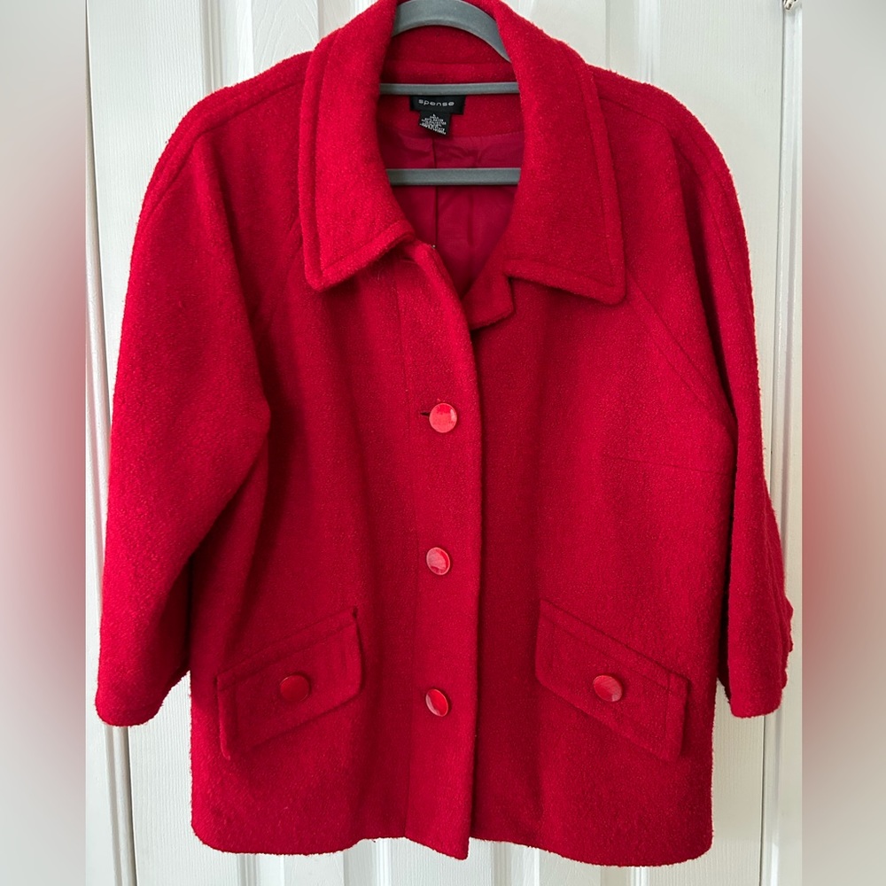 Spense Red Boiled Wool Swing Coat 3/4 Sleeves w Buttons w Collar w Pockets